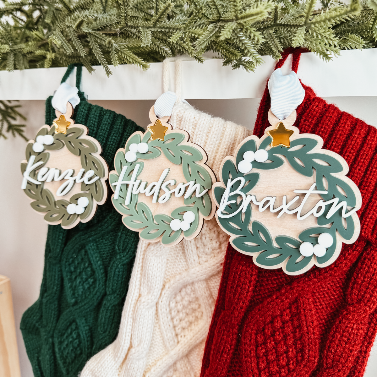 Greenery Wreath Christmas Ornament or Stocking Name Tag