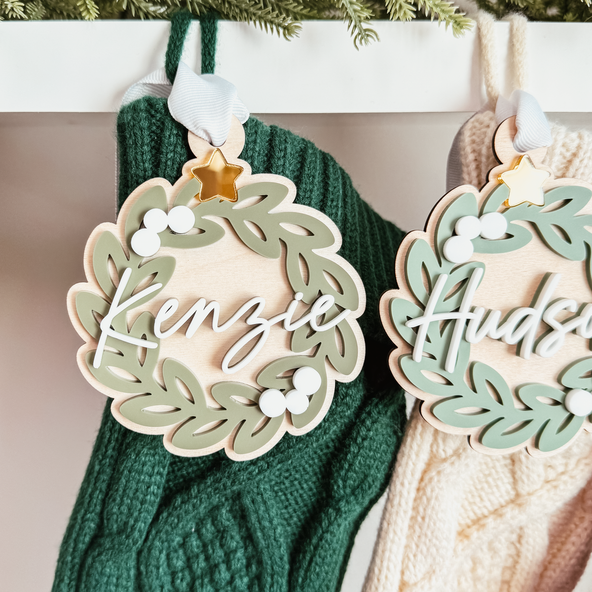 Greenery Wreath Christmas Ornament or Stocking Name Tag