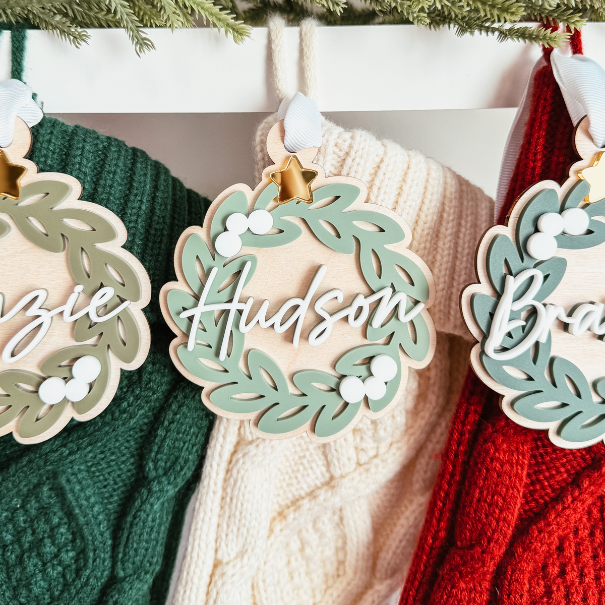 Greenery Wreath Christmas Ornament or Stocking Name Tag