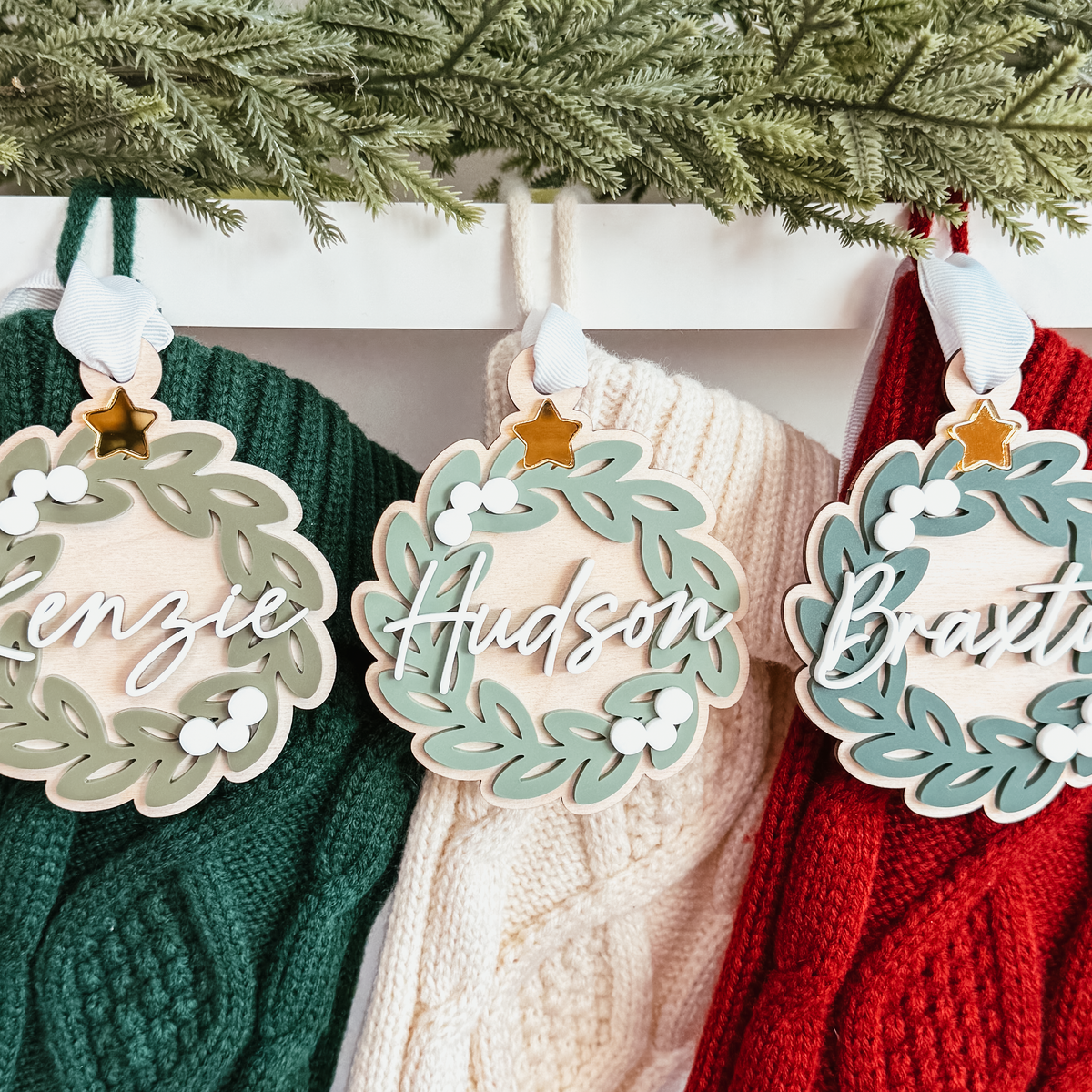 Greenery Wreath Christmas Ornament or Stocking Name Tag