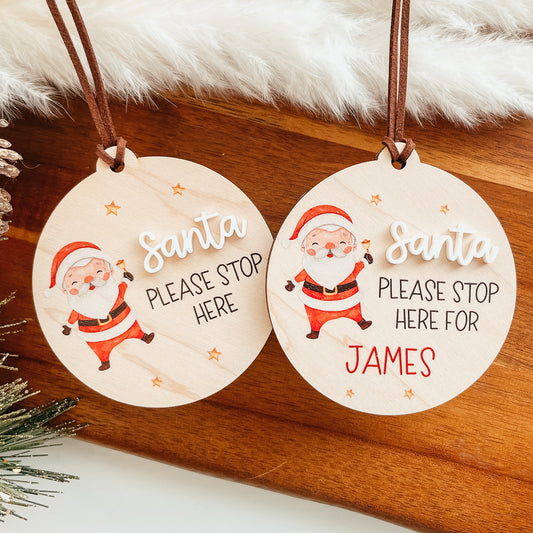 Santa Please Stop Here Christmas Ornament | Santa And Stars (Wood)