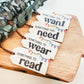 Mindful Gifting Tags | Want, Need, Wear, Read Tags | Printed Lights