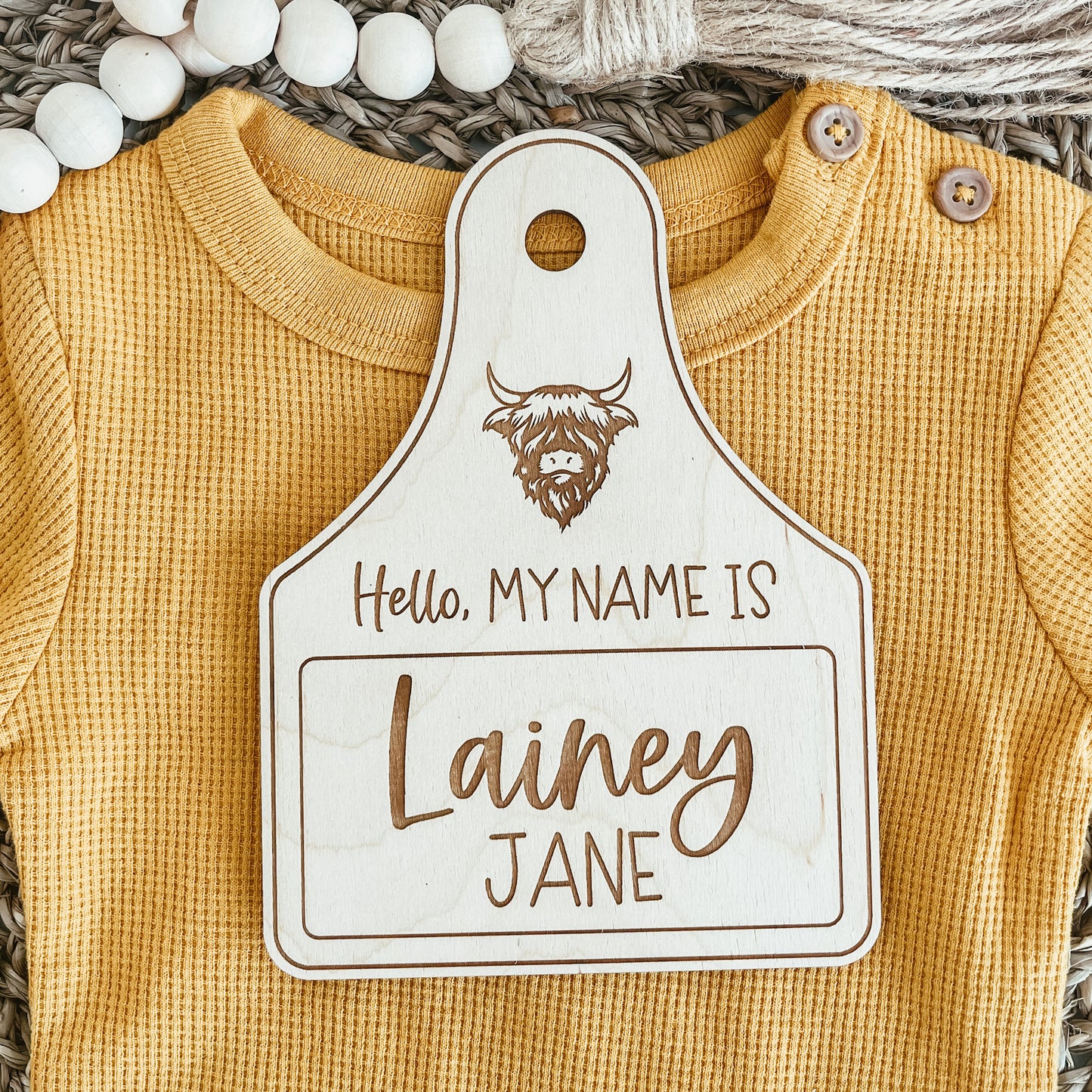 Baby Birth Announcement Sign - Highland Cow Cattle Tag