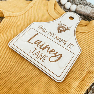 Baby Birth Announcement Sign - Highland Cow Cattle Tag