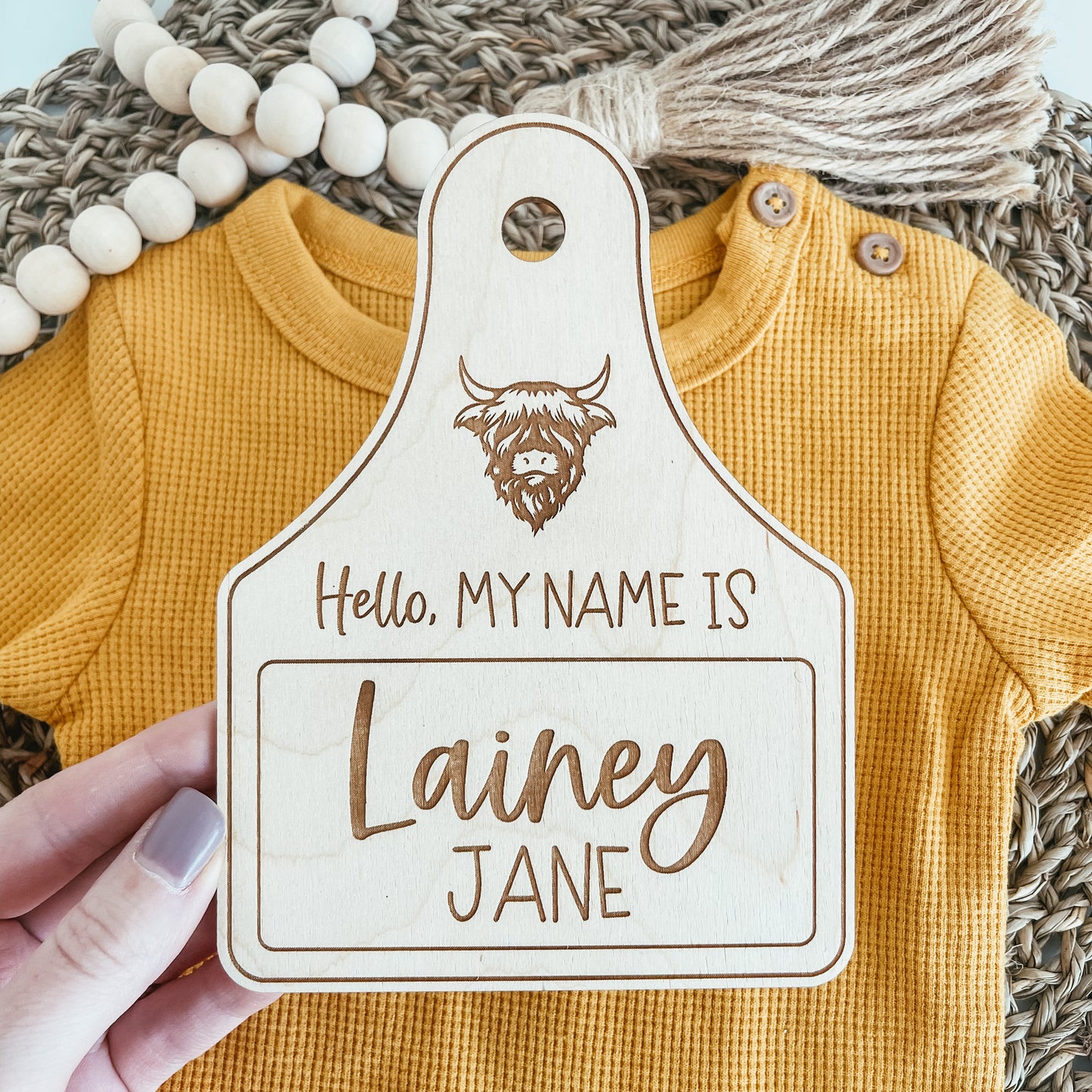 Baby Birth Announcement Sign - Highland Cow Cattle Tag