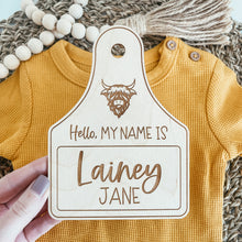 Load image into Gallery viewer, Baby Birth Announcement Sign - Highland Cow Cattle Tag