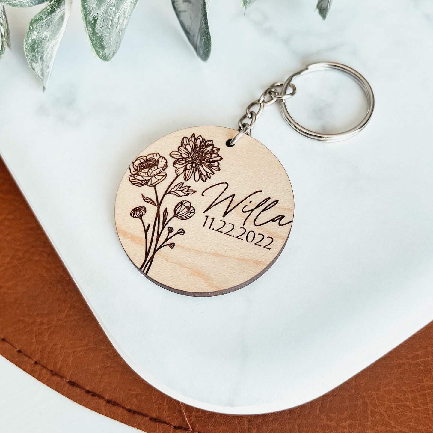 Personalized Round Birth Flower Keychain