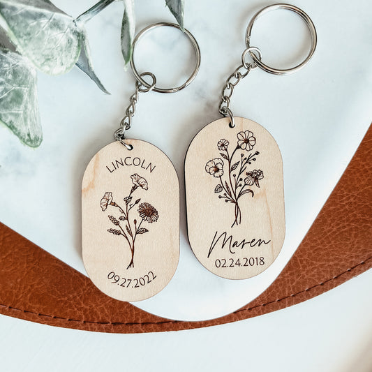 Personalized Oval Birth Flower Keychain (Two Styles)