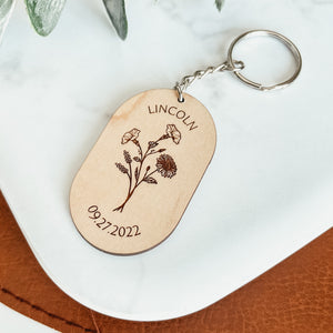 Personalized Oval Birth Flower Keychain (Two Styles)