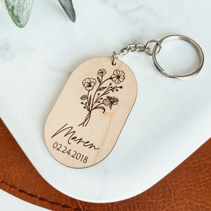 Personalized Oval Birth Flower Keychain (Two Styles)