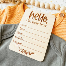 Load image into Gallery viewer, Baby Birth Announcement Sign - Hello World Leaf Rectangle