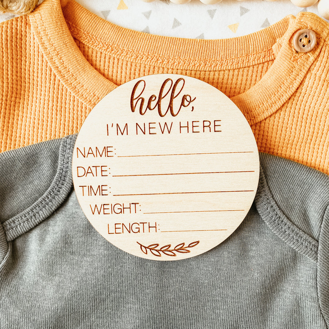 Baby Birth Announcement Sign - New Here Leaf Round