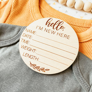 Baby Birth Announcement Sign - New Here Leaf Round