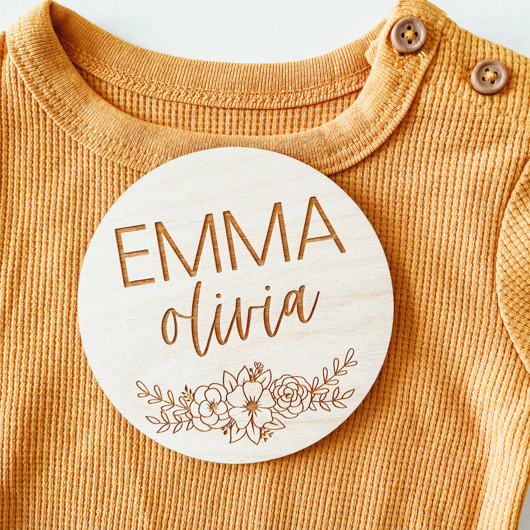 Baby Birth Announcement Sign - Floral Name Round