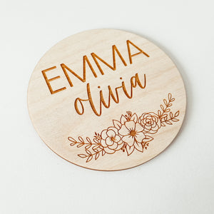 Baby Birth Announcement Sign - Floral Name Round
