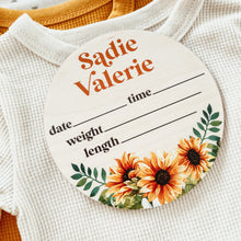 Load image into Gallery viewer, Baby Birth Announcement Sign - Wooden Sunflower