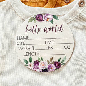 Baby Birth Announcement Sign - Wooden Purple Floral