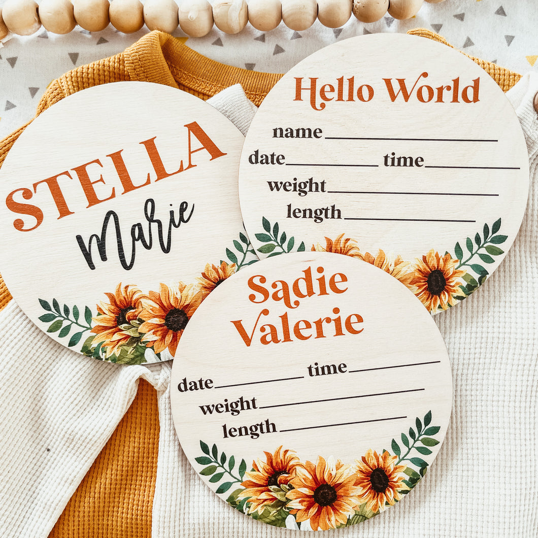 Baby Birth Announcement Sign - Wooden Sunflower