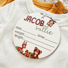 Load image into Gallery viewer, Baby Birth Announcement Sign - Wooden Woodland Animals