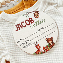 Load image into Gallery viewer, Baby Birth Announcement Sign - Wooden Woodland Animals