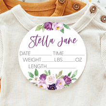 Load image into Gallery viewer, Baby Birth Announcement Sign - Acrylic Purple Floral Birth