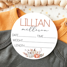 Load image into Gallery viewer, Baby Birth Announcement Sign - Acrylic Fall Pumpkins